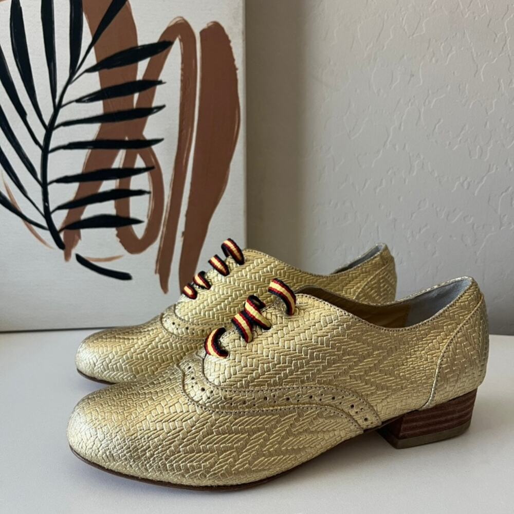 i’alave Metallic Gold Chevron Textured Lace Up Leather Oxford Shoes Size 37‎